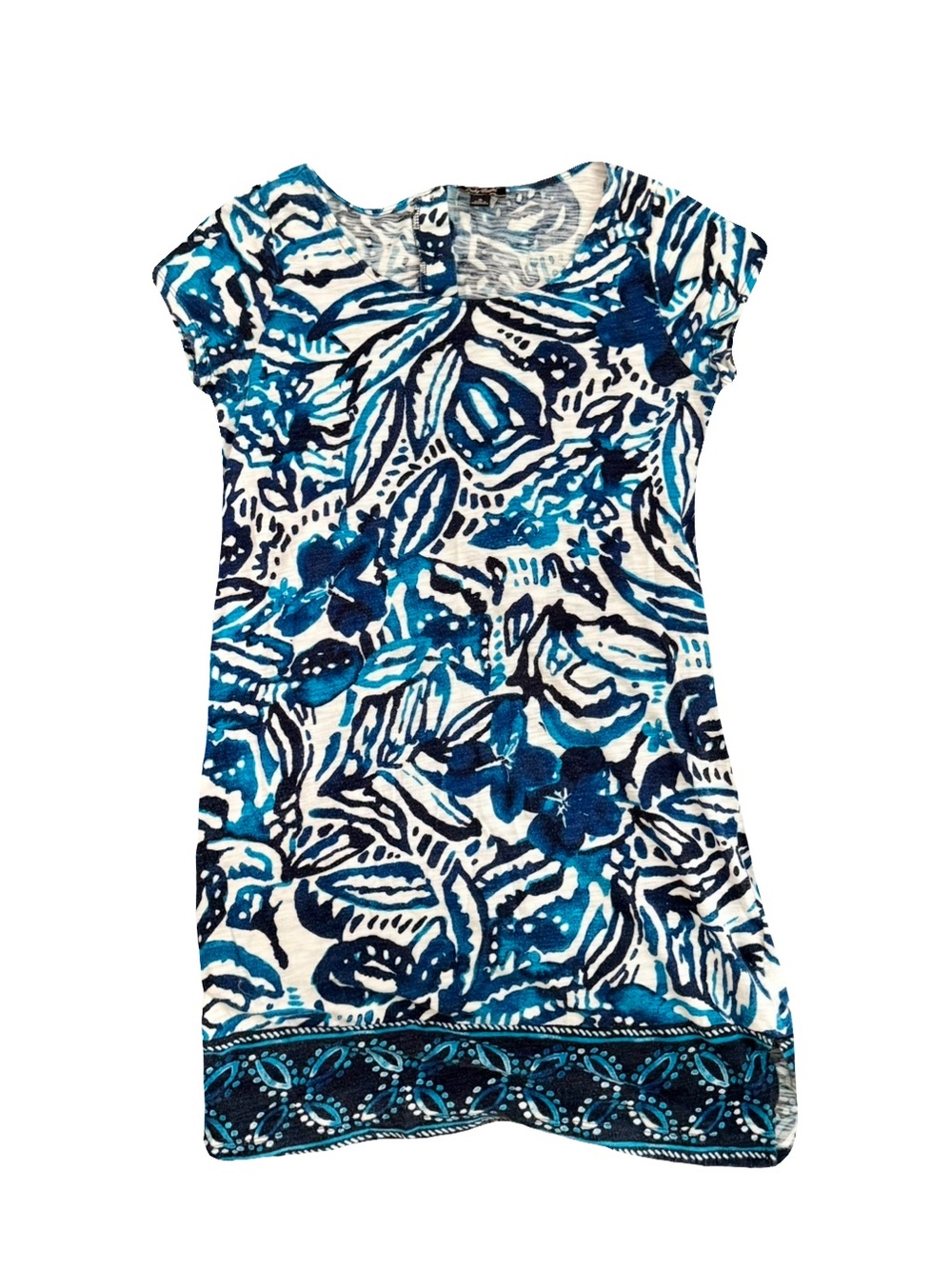 VTG LUCKY BRAND BLUE TROPICAL BOHO PRINT MINI DRESS // SIZE SMALL🩵